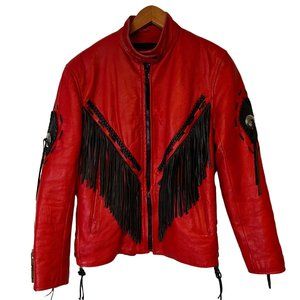 Motorcycle Leather Jacket Womens Large Fringe Red Unik International